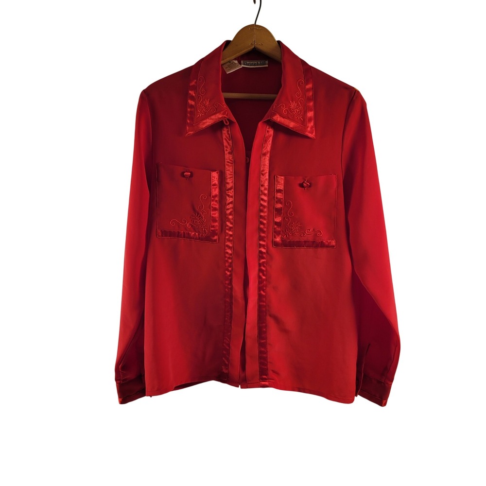 Vintage Christie & Jill Blouse Womens 8 Red Satin Trim Embroidered Button Up